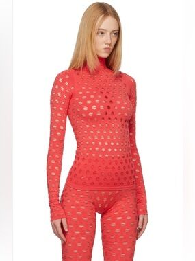 Maisie Wilen Red Perforated Turtleneck & Pant Set EUC Rare Colorway One Size